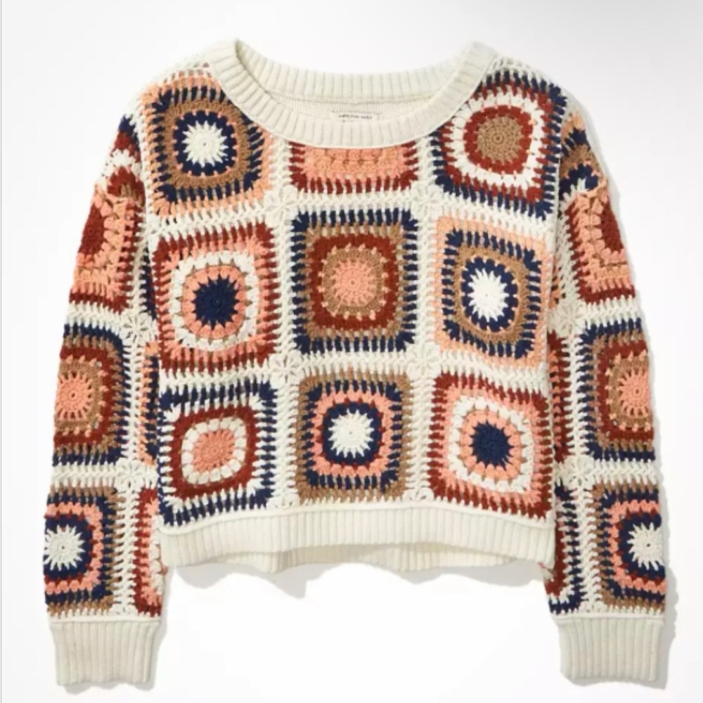 AE Colorful Crochet Crewneck Sweater